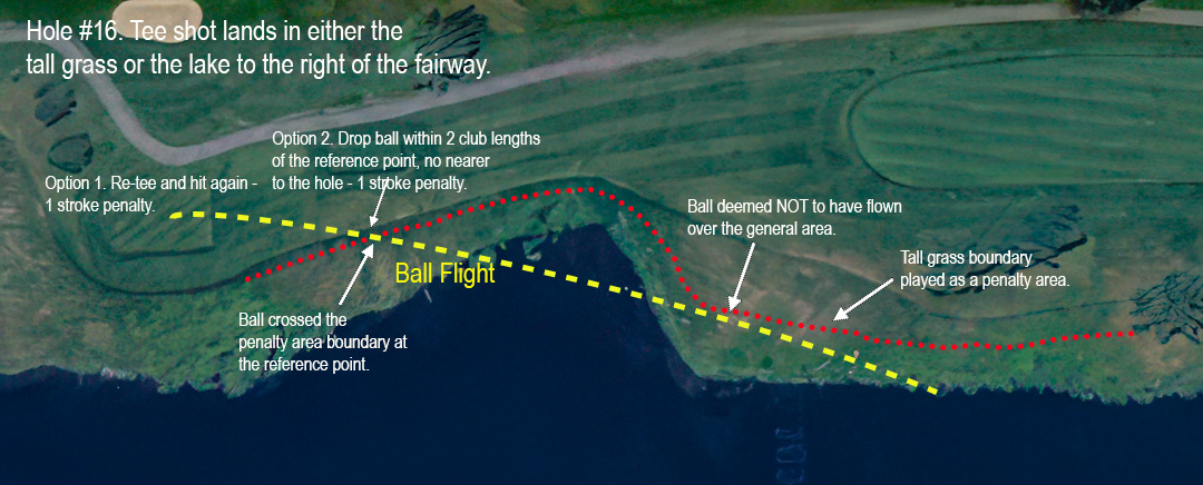 Crossvines, hole #16. Tee shot into tall grass on right.