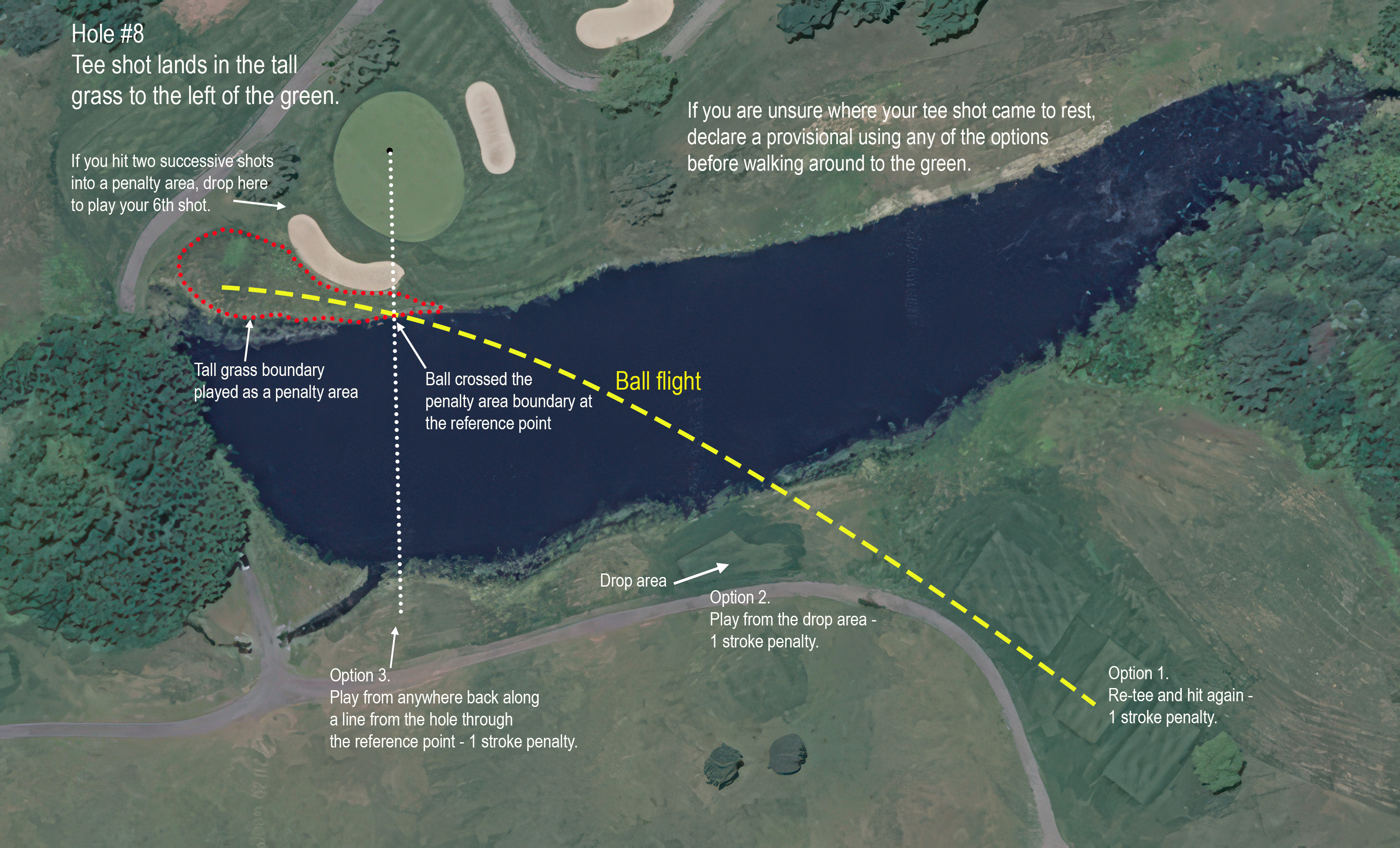 Crossvines, hole #8. Tee shot into tall grass across the water.