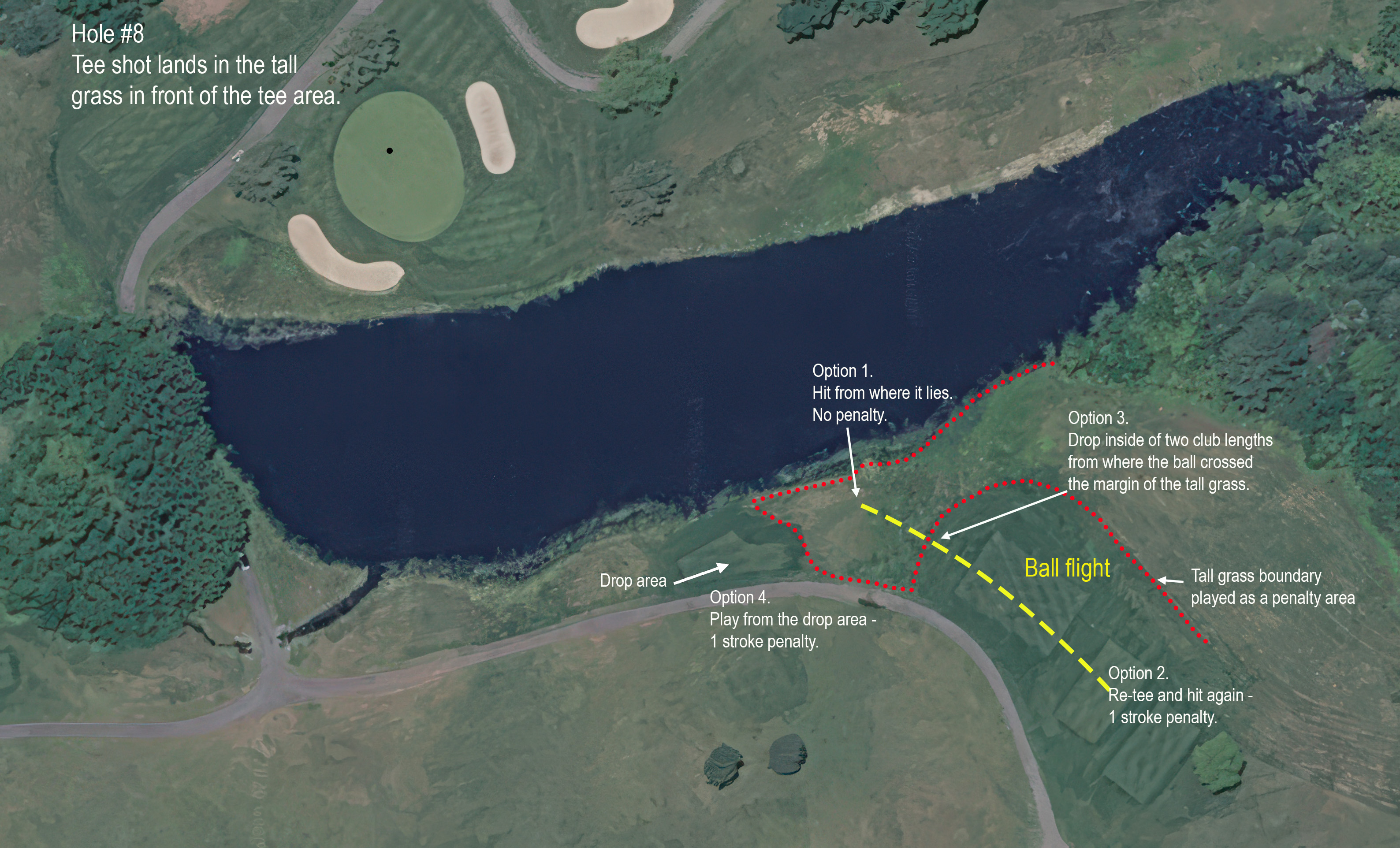 Crossvines, hole #8. Tee shot into tall grass short of the water.