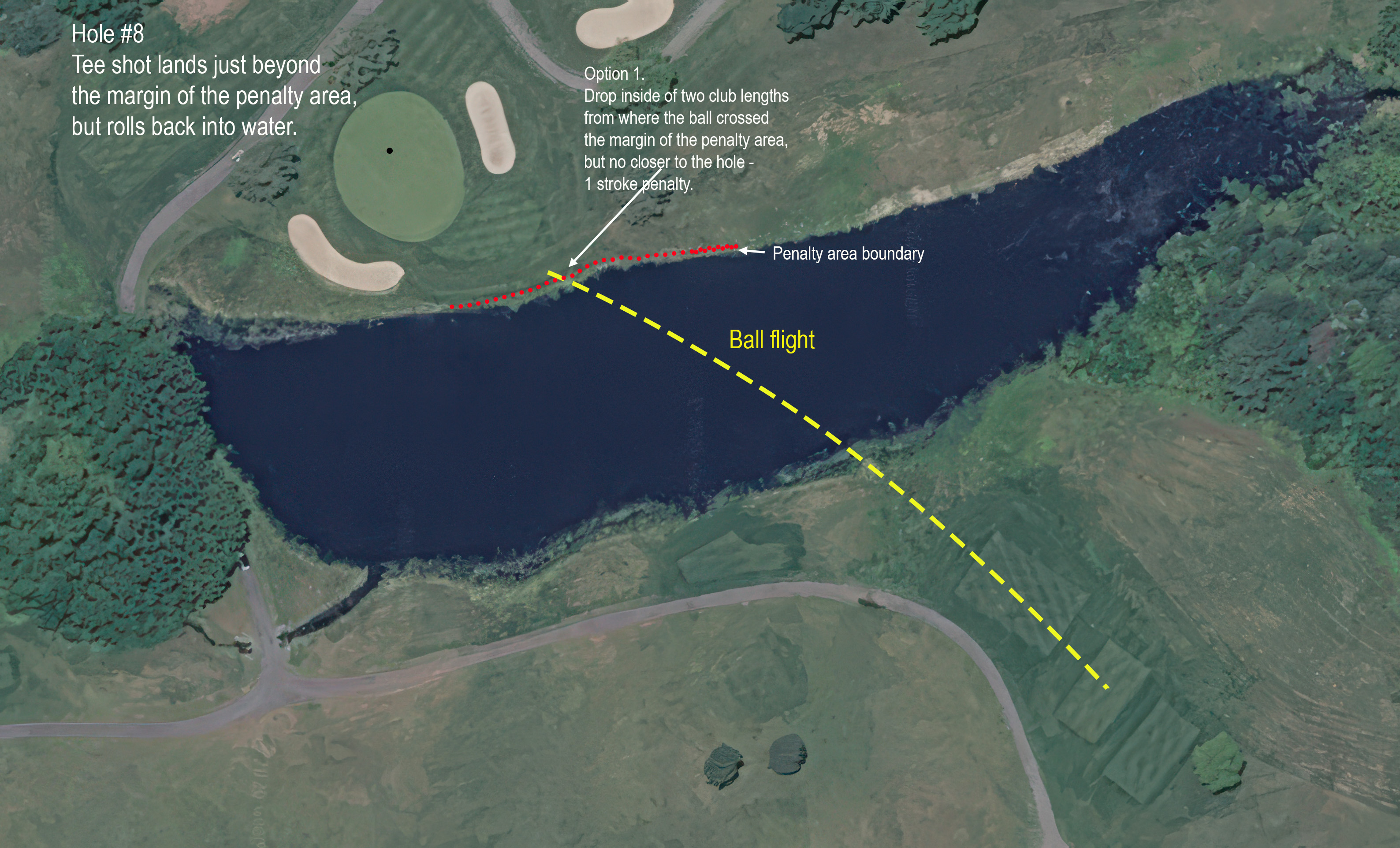 Crossvines, hole #8. Tee shot into tall grass short of the water.