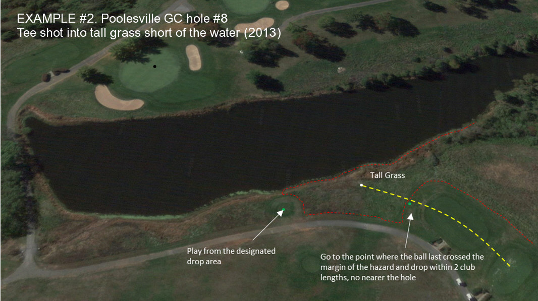 Example #2. Poolesville GC hole #8. Tee shot into tall grass short of the water. Image from 2013.