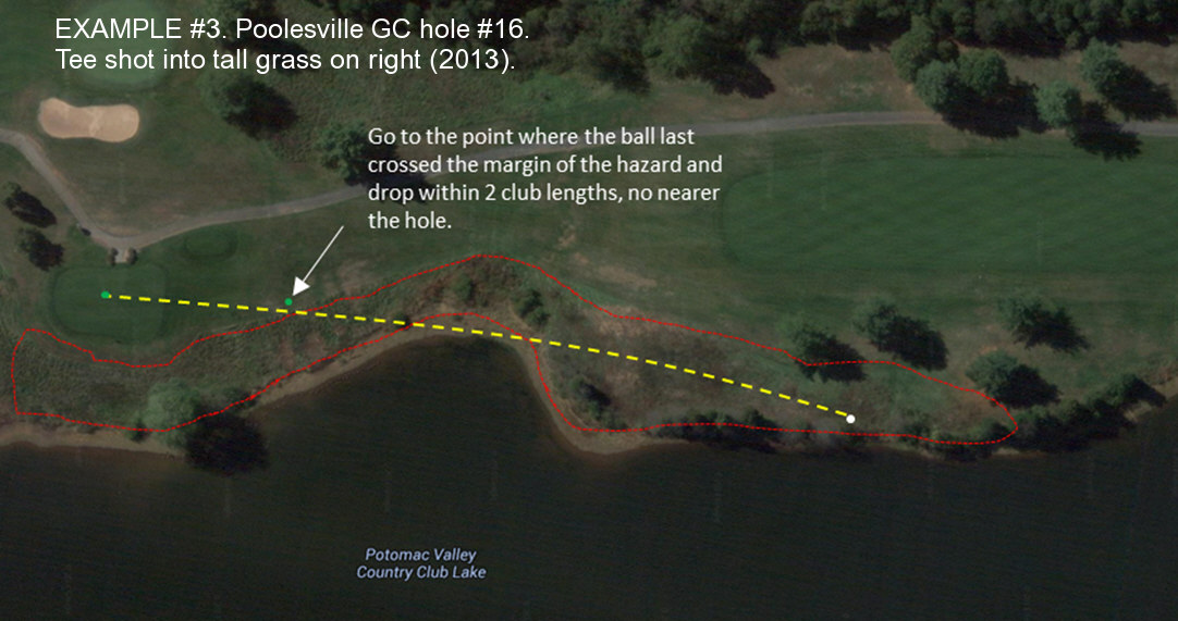 Example #3. Poolesville GC hole #16. Tee shot into tall grass on right. Image from 2013.