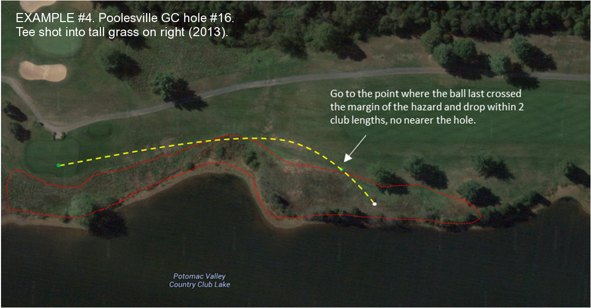 Example #4. Poolesville GC hole #16. Tee shot into tall grass on right. Image from 2013.