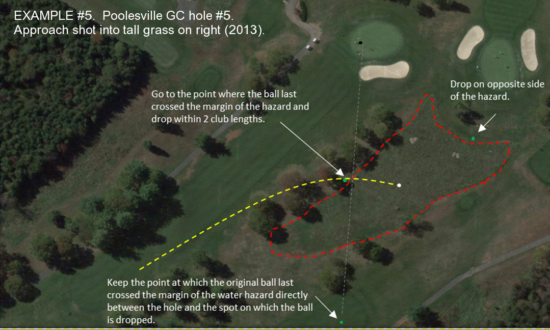 Example #5. Poolesville GC hole #5. Approach shot into tall grass on right. Image from 2013.